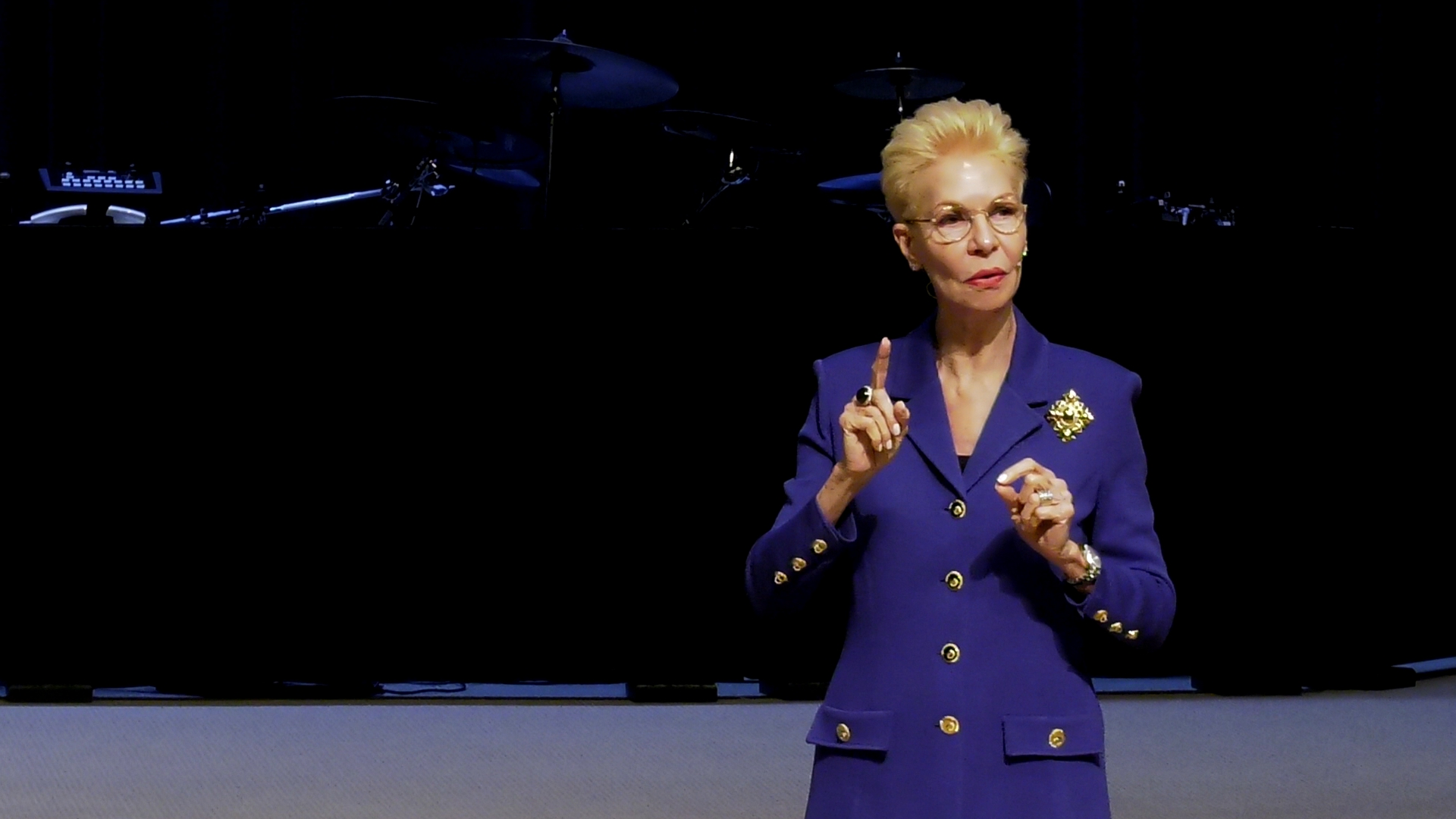 Pastor Cheryl S Jackson Blue Suit Finger Up Question Preaching